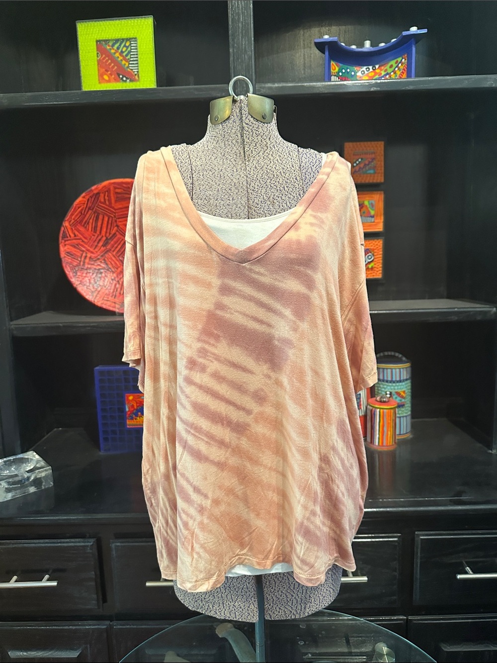 American Eagle Outfitters Orange/Peach Soft-n-SexyTieDye V-Neck Short Sleeve Top